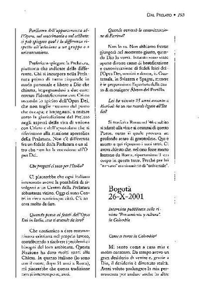 Intervista pubblicata sulla rivista «Pensamiento y cultura», in Bogotá, Colombia (26-X-2001). [Journal Article]
