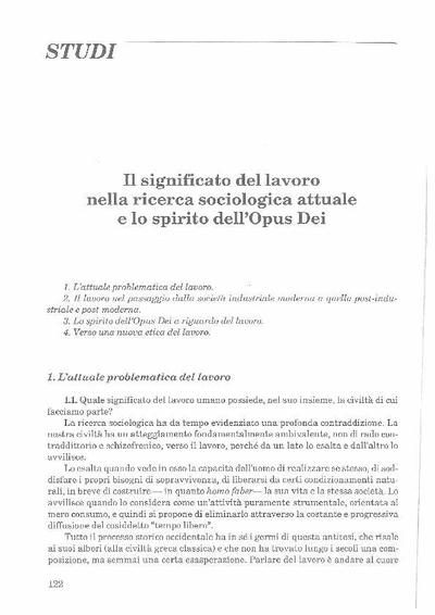 Il significato del lavoro nella ricerca sociologica attuale e lo spirito dell’Opus Dei. [Journal Article]