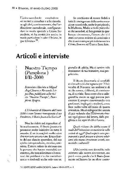 Intervista rilasciata a Miguel Ángel Jimeno e Fernando López Pan, pubblicata sulla rivista «Nuestro Tiempo», Pamplona, Spagna. [Artículo de revista]