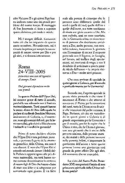 Intervista concessa all’agenzia di stampa «Zenit». Roma (24-VIII-2005). [Journal Article]