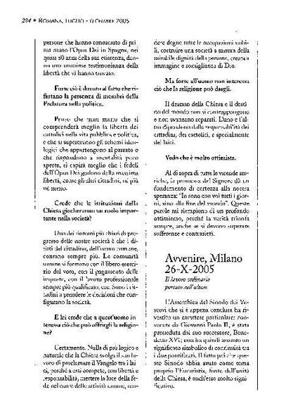 Il lavoro ordinario portato sull’altare. «Avvenire», Milano (26-X-2005). [Artículo de revista]