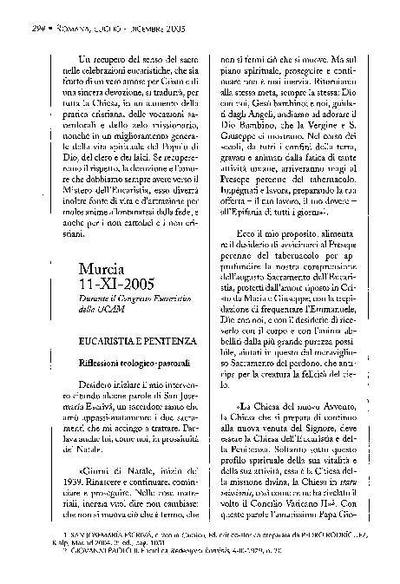 «Eucaristia e penitenza». Discorso durante il Congresso Eucaristico della UCAM. Murcia (11-XI-2005). [Journal Article]