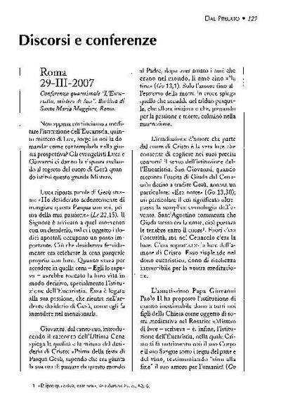 Conferenza quaresimale "L’Eucaristia, mistero di luce", Basilica di Santa Maria Maggiore, Roma (29-III-2007). [Journal Article]