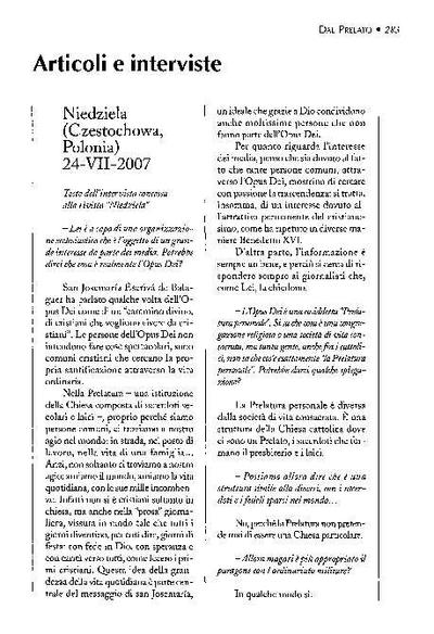 Testo dell’intervista concessa alla rivista «Niedziela», Czestochowa. Polonia (24-VII-2007). [Artículo de revista]