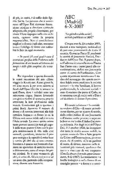 Lo splendore della carità, articolo pubblicato su «ABC». Madrid (6-X-2007). [Artículo de revista]