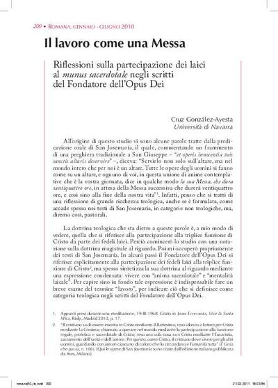 Il lavoro come una Messa: Riflessioni sulla participazione dei laici al <i>munus sacerdotale</i> negli scritti del Fondatore dell'Opus Dei. [Journal Article]