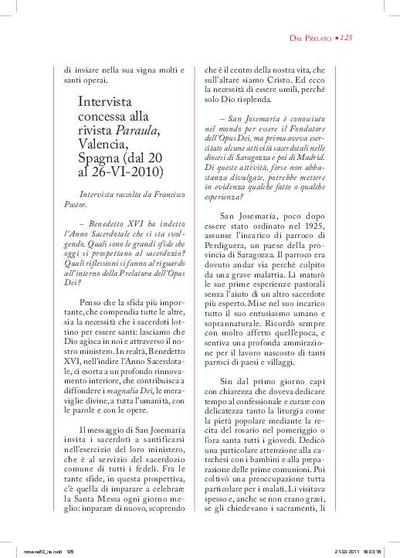 Intervista raccolta da Francisco Pastor, concessa alla rivista «Paraula», Valencia, Spagna (dal 20 al 26-VI-2010). [Artículo de revista]
