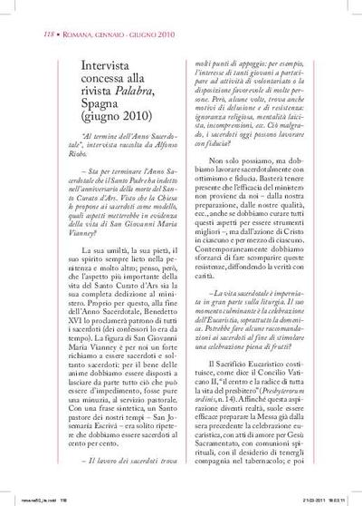 Al termine dell'Anno Sacerdotale, intervista raccolta da Alfonso Riobó, concessa alla rivista «Palabra», Spagna (giunio 2010). [Artículo de revista]