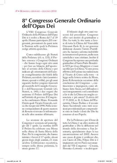 8º Congresso Generale Ordinario dell'Opus Dei. [Artículo de revista]