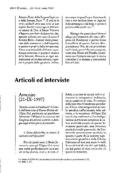 Santità cercata nell'ordinario. Intervista pubblicata sul quotidiano «Avvenire», Milano (21-IX-1997). [Artículo de revista]