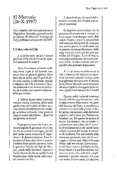 Intervista quotidiano «El Mercurio», Santiago del Cile (26-X-1997), concessa a Magdalena Ossandón. [Artículo de revista]