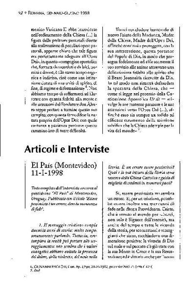 Essere pessimista è un errore; denota mancanza di fede. Intervista al quotidiano «El País», Montevideo (11-I-1998). [Artículo de revista]