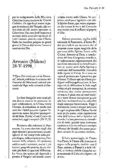 L'Opus Dei vivrà con voi la Pentecoste. Articolo pubblicato sul quotidiano «Avvenire», Milano (28-V-1998). [Journal Article]