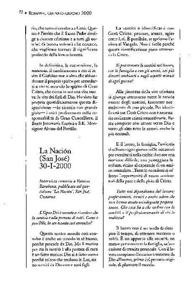 Intervista concessa a Vanessa Barahona, pubblicata sul quotidiano «La Nación», San José, Costarica (30-I-2000). [Artículo de revista]