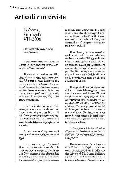 Intervista concessa a Luís Miguel, pubblicata sulla rivista «Christus», Lisbona, Portogallo (VII-2000). [Journal Article]