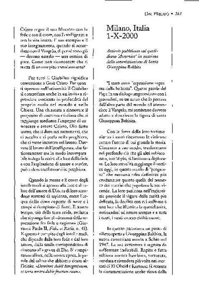 Articolo pubblicato sul quotidiano «Avvenire», in occasione della canonizzazione di Santa Giuseppina Bakhita, Milano, Italia (1-X-2000). [Artículo de revista]