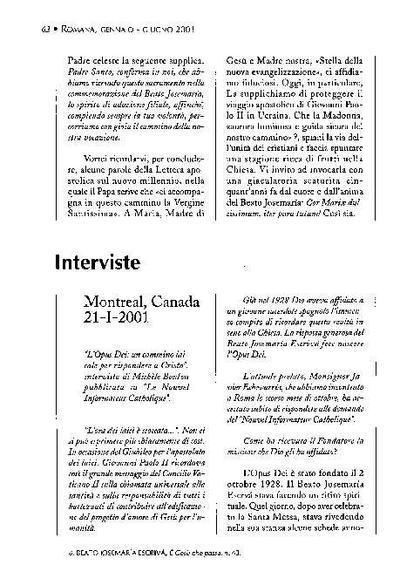 L’Opus Dei: un cammino laicale per rispondere a Cristo, intervista di Michèle Boulva pubblicata su «Le Nouvel Informateur Catholique», Montreal, Canadá (21-I-2001). [Journal Article]
