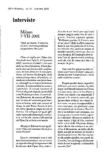 Santi nel mondo, il cammino dei laici. Intervista pubblicata sul quotidiano «Avvenire», Milano (7-VII-2001). [Journal Article]