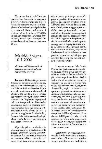 Articolo pubblicato sul settimanale «Alfa y Omega», Madrid, Spagna (10-I-2002). [Artículo de revista]