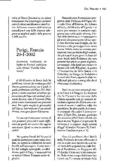Entrevista realizada por Sophie de Ravinel, pubblicata sulla rivista «Famille Chrétienne», Parigi, Francia (20-I-2002). [Artículo de revista]