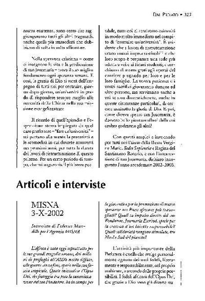 Intervista di Federico Mandillo per l'Agenzia «MISNA» (3-X-2002). [Artículo de revista]