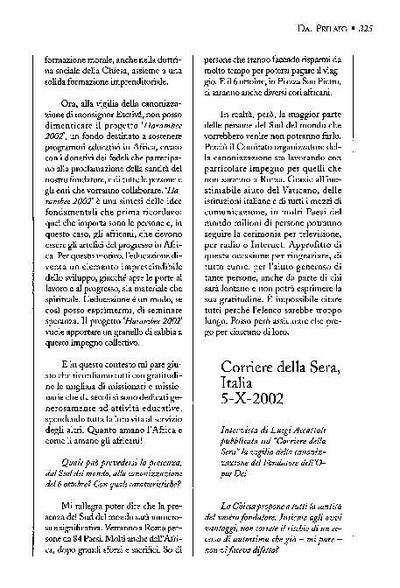 Intervista di Luigi Accattoli pubblicata sul «Corriere della Sera», Milano, Italia (5-X-2002). [Artículo de revista]