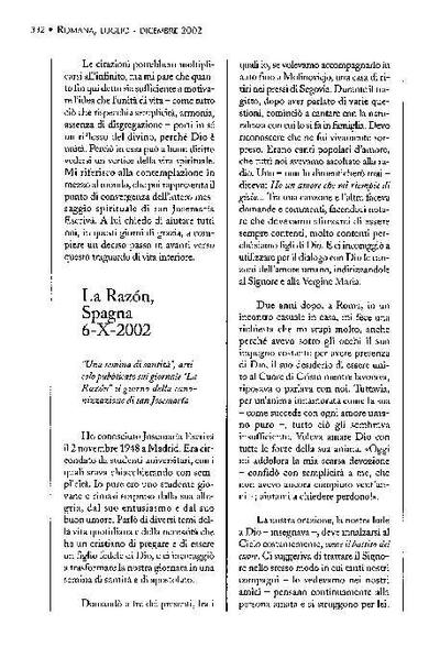 Una semina di santità. Articolo pubblicato sul giornale «La Razón», Madrid, Spagna (6-X-2002). [Journal Article]