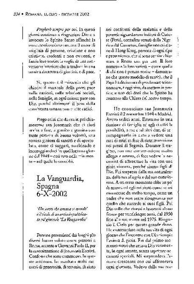 Un santo che amava il mondo. Articolo pubblicato sul giornale «La Vanguardia» Spagna (6-X-2002). [Artículo de revista]