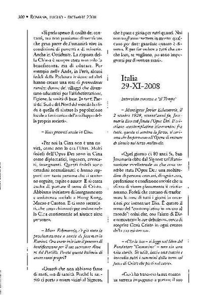 Intervista concessa a «Il Tempo». Italia (29-XI-2008). [Journal Article]