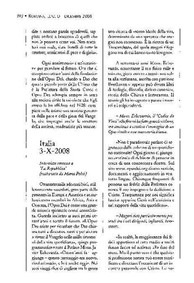 Intervista concessa a «La Repubblica» (realizzata da Marco Politi). Italia (3-X-2008). [Journal Article]