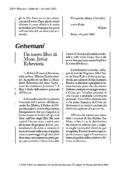 Getsemaní: Un nuovo libro di Mons. Javier Echevarría. [Journal Article]