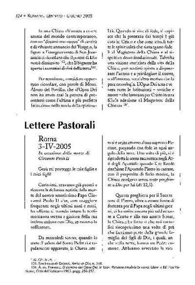 Lettera pastorale in occasione della morte di Giovanni Paolo II (3-IV-2005). [Artículo de revista]