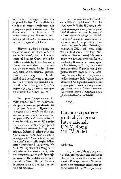 Discorso ai partecipanti al Congresso Internazionale UNIV, Roma (10-IV-2006). [Journal Article]