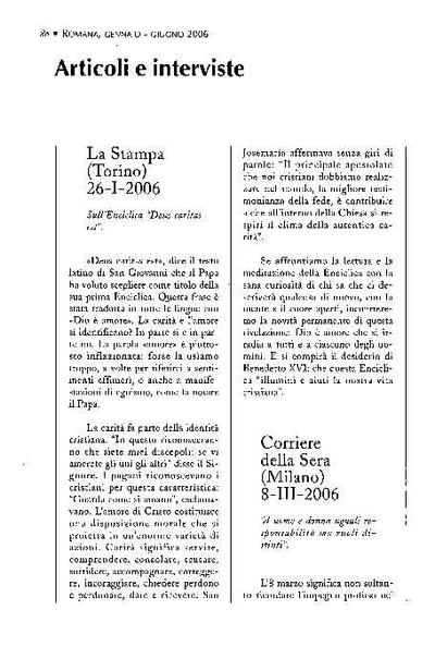 Articolo sull'Enciclica <i>Deus caritas est</i>. «La Stampa», Torino (26-I-2006). [Artículo de revista]
