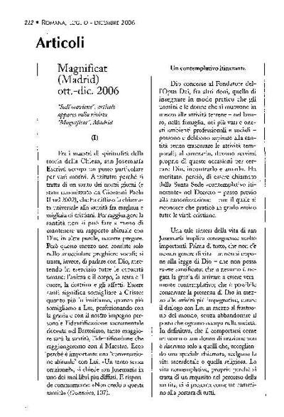 Sull'orazione: articolo apparso sulla rivista «Magnificat», Madrid (ott.-dic. 2006). [Journal Article]
