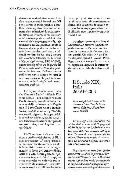 Testo completo dell'intervista concessa a Paolo Cavallo in occasione della festa di san Josemaría Escrivá, «Il Secolo XIX», Italia (26-VI-2003). [Artículo de revista]