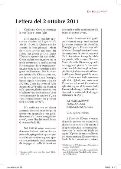 Lettera pastorale (2 ottobre 2011). [Journal Article]