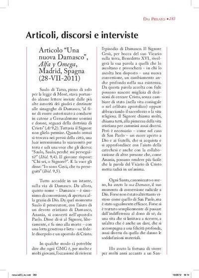 Articolo 'Una nuovo Damasco', «Alfa y Omega», Madrid, Spagna (28-VII-2011). [Artículo de revista]