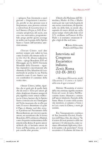 Intervista sul Congresso Eucaristico italiano, «Zenit», Roma (12-IX-2011). [Journal Article]
