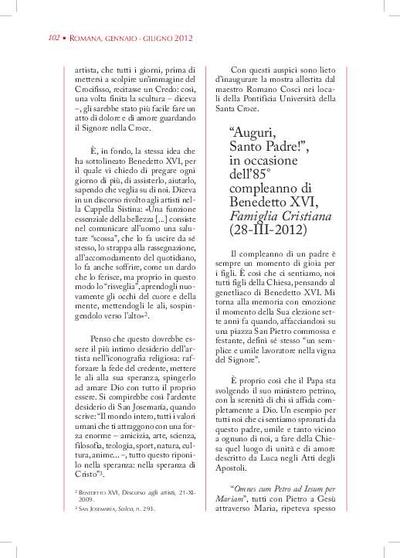 'Auguri, Santo Padre!', in occasione dell'85º compleanno di Benedetto XVI, «Famiglia Cristiana» (28-III-2012). [Journal Article]