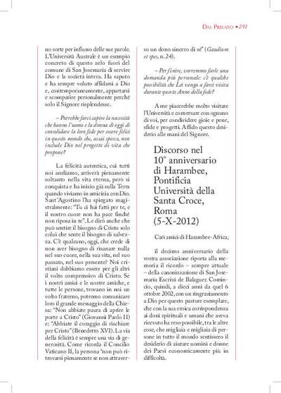Discorso nel 10º anniversario di Harambee, Pontificia Università della Santa Croce, Roma (5-X-2012). [Journal Article]