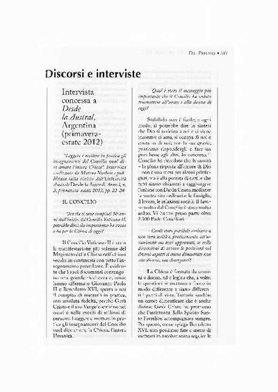 Intervista concessa a «Desde la Austral», Argentina (primavera-estate 2012) [Entrevista realizada por la Universidad Austral]. [Journal Article]