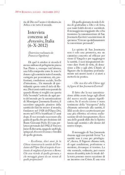 Intervista concessa ad «Avvenire», Italia (6-X-2012) (Entrevista realizada por Francesco Ognibene). [Journal Article]