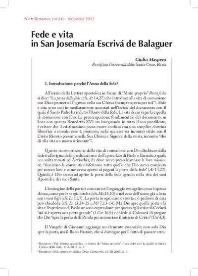 Fede e vita in San Josemaría Escrivá de Balaguer. [Artículo de revista]
