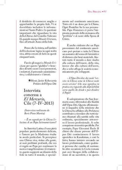 Intervista concessa a «El Mercurio», Cile (7-IV-2013) (Entrevista realizada por Boris Pinto Martín). [Artículo de revista]