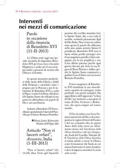 Parole in occasione della rinuncia di Benedetto XVI (11-II-2013). [Artículo de revista]