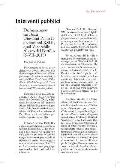 Dichiarazione sui Beati Giovanni Paolo II e Giovanni XXIII, e sul Venerabile Álvaro del Portillo (5-VII-2013). [Journal Article]