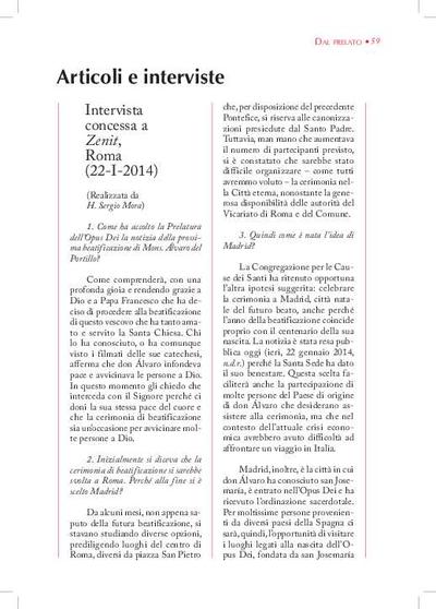 Intervista concessa a «Zenit», Roma (22-I-2014) (Realizzata da H. Sergio Mora). [Artículo de revista]