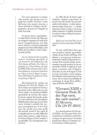 "Giovanni XXIII e Giovanni Paolo II: due Papi santi, due santi mariani", «El Mercurio», Chile (24-IV-2014). [Journal Article]