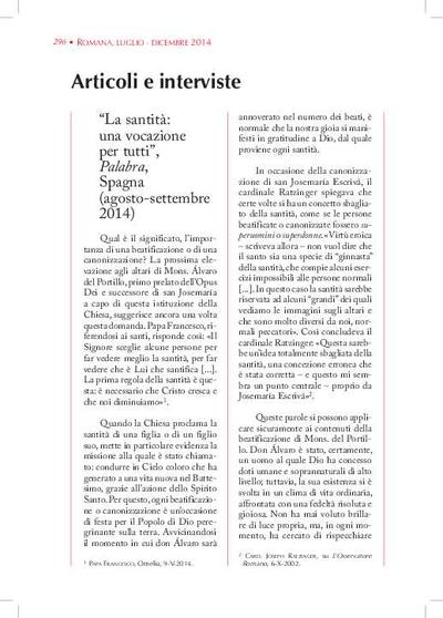 La santità: una vocazione per tutti, «Palabra», Spagna (agosto-settembre 2014). [Journal Article]
